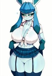 anthro blue_eyes blue_skin blush blushed cleavage college_student ear eeveelution exposed_pussy exposing exposing_pussy exposing_self glaceon huge_breasts humiliating humiliation lifting_own_clothes looking_at_viewer looking_pleasured miniskirt nipples_visible_through_clothing no_bra no_panties no_underwear pokemon pokemon_(species) s0d0w7_(artist) seductive seductive_eyes seductive_look skirt skirt_lift slim_waist stockings tied_shirt tummy upskirt wide_hips