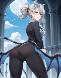 ai_generated arias_the_labrynth_butler ass ass_focus blue_eyes blush butler clothing demon_girl duel_monster female looking_at_viewer looking_back rear_view solo squirtle0007 white_hair yu-gi-oh!