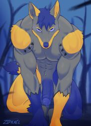 absurd_res anthro canid canine canis coyote forest genitals halloween hi_res holidays male mammal mythological_canine mythological_creature mythology night penis plant solo tree werecanid werecanine werecreature werewolf zipkael