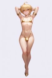 acw aether_(genshin_impact) ai_generated bikini blonde_hair femboy gay gold_bikini