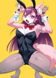 2024 after_transformation anthro black_clothing black_leotard bow_tie breasts camel_toe canid canine clothing crouching fake_ears fake_rabbit_ears female fingerpads fox fur hair hi_res jobalchan leotard long_hair mammal open_mouth pawpads pink_body pink_fur purple_eyes simple_background solo tail yellow_background