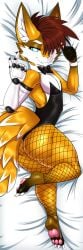 absurd_res bed blackarabi body_pillow clothing dakimakura dakimakura_design dakimakura_pillow durrvish femboy fishnet_clothing fishnet_legwear furniture hi_res legwear male novabeast pillow solo waiter waitress_uniform