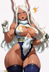 abs ai_generated animal_ears artist_name ass_visible_through_thighs bangs bare_shoulders blush boku_no_hero_academia breasts cleavage covered_navel cowboy_shot crescent_print dark-skinned_female dark_skin female fur_collar gloves hands_up high_resolution highleg highleg_leotard highres large_breasts leotard long_eyelashes long_hair looking_down mirko miruko muscular muscular_female my_hero_academia open_mouth parted_bangs rabbit_ears rabbit_girl rabbit_tail red_eyes rumi_usagiyama shiny_skin simple_background sleeveless sleeveless_turtleneck sleeveless_turtleneck_leotard solo stable_diffusion superhero surprised tail thick_thighs thigh_gap thighhighs thighs torn_clothes torn_leotard turtleneck turtleneck_leotard w_arms waifuscans418 white_background white_gloves white_hair white_leotard wide_hips