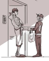 2boys 2male 2men background bandage bandaged_arm bandaged_leg bandages bedroom_eyes before before_sex bungo_stray_dogs bungou_stray_dogs chuuya_nakahara clothed clothing dazai_osamu delivery delivery_(commerce) delivery_boy delivery_employee delivery_man delivery_uniform door doorway duo duo_focus duo_male imminent_sex leaning leaning_against_wall leaning_on_hand leaning_on_object leaning_on_wall leaning_to_the_side male male/male male_duo male_focus male_only nakahara_chuuya no_sex no_visible_genitalia no_visible_penis osamu_dazai part_of_a_series pixiv pizza pizza_box pizza_delivery pizza_delivery_boy pizza_delivery_carrier pizza_delivery_man robe seducing seductive seductive_eyes seductive_look seductive_male seductive_smile series sexless sketch sketchy slippers smile smirk smirking smirking_at_partner sweat sweatdrop sweating