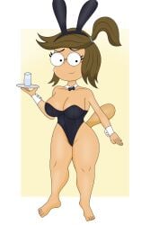 animal_humanoid black_bunnysuit breasts brown_hair bunny_ears bunnysuit cartoon_network derpybron eileen_roberts glass_of_water glasses no_shoes regular_show