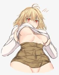 ahoge arcueid_brunestud belly big_breasts blonde_hair blush breasts duct_tape embarrassed embarrassed_female enormous_breasts flustered huge_breasts large_breasts looking_at_viewer melty_blood no_panties pout red_eyes short_hair sweater_lift top_heavy tori_ri_11 tsukihime tummy type-moon underboob vampire vampire_girl