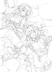 2girls after_sex armor bow braid cum cum_in_pussy cumdrip hairbow highres isizuaki kneehighs knight knight_(ragnarok_online) long_hair monochrome multiple_girls open_mouth ponytail ragnarok_online sex skirt skirt_lift tied_hair torn_clothes vaginal_penetration