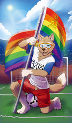 animal_genitalia animal_penis anthro athletic ball barefoot bulge canine canine_penis cobaltsynapse dripping erection eyewear furry goggles hammer_and_sickle jersey kneeling knot looking_at_viewer male mammal naughty_face nipples outdoors penis pinup poking_out pose precum public rainbow_flag rainbow_symbol sheath shirt shorts signature soccer_ball solo stadium t-shirt yaoi zabivaka