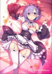 apron bara bed bed_sheet blue_eyes blue_hair blush breasts cleavage detached_collar detached_sleeves garter_straps hair_ornament knees_together_feet_apart lingerie lying maid maid_headdress medium_breasts panties parted_lips re:zero_kara_hajimeru_isekai_seikatsu rem_(re:zero) shiny_skin short_hair thighhighs thighs tomose_shunsaku underwear white_panties white_thighhighs