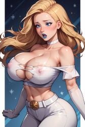 ai_generated blonde_female blonde_hair blue_eyes breast_expansion breasts_exposed emma_frost marvel marvel_comics nipples ripping_clothing sugoiseduction white_queen x-men