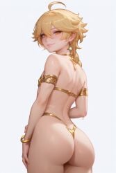 acw aether_(genshin_impact) ai_generated ass bikini blonde_hair femboy gay gold_bikini slut thong