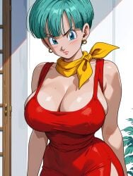 ai_generated blue_eyes blue_hair bulma_briefs curvy dragon_ball dragon_ball_z earrings fbps35 huge_breasts kerchief red_dress voluptuous_female