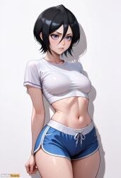 ai_generated artist_name bangs black_hair bleach blue_shorts blush breasts collarbone cowboy_shot crop_top dolphin_shorts female hair_between_eyes high_resolution highres kuchiki_rukia medium_breasts midriff navel parted_lips purple_eyes shadow shiny shiny_skin shirt short_hair short_shorts short_sleeves shorts simple_background solo stable_diffusion standing stomach taut_clothes taut_shirt thighs toned waifuscans418 white_background white_shirt