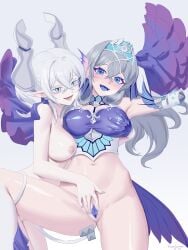 2girls blue_eyes blush breasts clothing demon_girl demon_horns duel_monster erect_clitoris grabbing_breasts hi_res horny_female kiss_mark labrynth_of_the_silver_castle lovely_labrynth_of_the_silver_castle masturbation nude pussy pussy_juice rare_lemon saliva silver_hair siren smile spread_legs spread_pussy sweatdrop tearlaments_kitkallos white_hair yu-gi-oh! yuri yuri