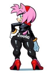 ai_generated amy_rose anthro ass ass_focus black_clothing escort female female_only fur furry furry_female furry_only grin leather leather_clothing leather_jacket leather_pants looking_at_viewer looking_back novelai rear_view sonic_(series) sonic_the_hedgehog_(series) text text_on_clothing that_guy9001 tight_clothing