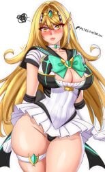 1girls angry anisdrawn bishoujo_senshi_sailor_moon blonde_hair breasts cosplay embarrassed female female_only gold_eyes huge_breasts light-skinned_female light_skin lips long_hair mythra nintendo sailor_uniform skindentation solo thick_thighs thighhighs thighs underboob wide_hips xenoblade_(series) xenoblade_chronicles_2