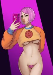 1girls big_breasts boruto:_naruto_next_generations breasts female female_only green_eyes large_breasts medium_hair milf naruto phone pink_hair pussy sakura_haruno salsdraws selfie