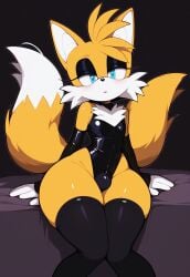 1boy ai_generated anthro big_butt big_thighs black_background blue_eyes bulge bulge_through_clothing civitai femboy femboy_only fox fox_boy fox_ears furry furry_only leotard makeup miles_tails_prower sitting solo sonic_(series) sonic_the_hedgehog_(series) tails tails_the_fox thighhighs yellow_fur