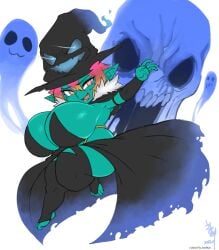 1girls adelia adelia_(changbae) blue_skin changbae goblin huge_breasts smile tagme voluptuous witch witch_hat