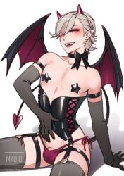 barely_clothed barely_visible_genitalia barely_visible_penis bat_wings chest corset demon_costume demon_horns fangs femboy g-string gray_hair lyney_(genshin_impact) male_focus male_only mao_di nipple_stickers penis_peek pointy_ears purple_eyes stars_on_nipples stockings thigh_strap thong twink