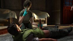 1boy 1girls 3d capcom chris_redfield erection female gloves handjob male penis rebecca_chambers resident_evil short_hair tomboy wolfwhistle3d