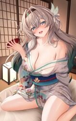 alcohol big_breasts blue_eyes firefly_(honkai:_star_rail) flower gray_hair green_hair honkai:_star_rail huge_breasts huge_thighs jewelry kimono long_hair pillow pink_eyes ribbon smile thighs