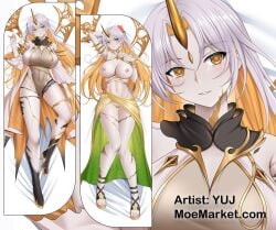 1_horn asymmetrical_legwear bare_shoulders big_breasts blonde_hair breasts dakimakura_(medium) female fire_emblem fire_emblem_heroes gold_horns grey_hair gullveig_(fire_emblem) highres horns pale_skin yuj_(moemarket)