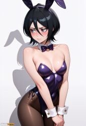 ai_generated animal_ears artist_name bare_shoulders black_hair bleach blush bow bowtie breasts cleavage closed_mouth collarbone covered_navel cowboy_shot detached_collar embarrassed fake_animal_ears female hair_between_eyes high_resolution highleg_leotard highres kuchiki_rukia leotard looking_away looking_to_the_side pantyhose playboy_bunny purple_bow purple_bowtie purple_eyes purple_leotard rabbit_ears rabbit_tail short_hair simple_background small_breasts solo stable_diffusion strapless strapless_leotard tail waifuscans418 white_background wrist_cuffs