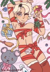 asian blonde_hair bondage christmas femboy kneehighs korean male male_only mistletoe pasties plushie ribbon socks twink vibrator