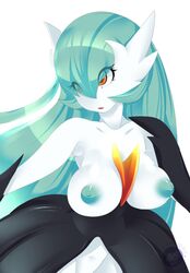 1girls aqua_hair breasts eyelashes eyes_visible_through_hair female female_only gardevoir mega_gardevoir no_nose obakawaii orange_eyes pokémon_(species) pokemon pokemon_(species) pokemon_rse shiny shiny_pokemon solo white_background