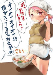 apron bandana blush borusen female full-package_futanari futa_only futanari intersex looking_at_viewer pink_hair ramen short_ponytail table translated waitress