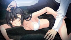 1boy arm_grab ass bangs black_hair black_skirt bra breast_press breasts brown_eyes clothed_sex doggy_style esaka_rie female festival!!_tsurumiku_wars game_cg hair_grab long_hair looking_back lying medium_breasts night on_stomach outdoors pleated_skirt rape sakurajima_saromako scared sex short_hair skirt skirt_lift straight sweat underwear vaginal_penetration white_bra