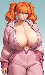 1girls ai_generated arms_up colossal_breasts cosplay crossover crossover_cosplay huge_breasts juri_han_(cosplay) kosine1777 kosineverse massive_breasts meggy_(kosine1777) muscular_female naked_onesie nipple_peek open_clothes open_onesie orange_eyes orange_hair original original_character pink_onesie street_fighter street_fighter_6 toned_female top_heavy twintails