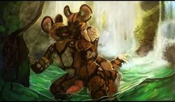 anal animal_genitalia anthro caraid closed_eyes forest furry knot male tree waterfall yaoi