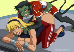 1boy 1girls anus arabatos ass beast_boy beast_boy_(young_justice) blonde_hair blue_eyes bracelet breasts brown_eyes cassandra_sandsmark cassie_sandsmark cleavage cum cum_inside dc_comics doggy_style earth_16 female green_hair green_skin highres jewelry long_hair male pants penis sex shoes short_hair straight tail taken_from_behind team_dc teen_titans torn_clothes wonder_girl wonder_woman_(series) young_justice young_justice:_invasion young_justice_(cartoon)