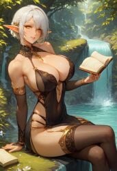 book elf elf_ears elf_female forest jewelry river short_hair silver_hair stockings unholyreaper waterfall white_hair