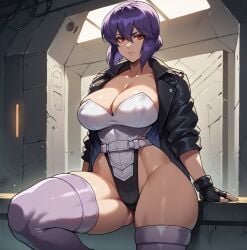 ai_generated angry_expression asian asian_female bare_thighs big_breasts blush ghost_in_the_shell huge_breasts huge_thighs jacket kusanagi_motoko light-skinned_female light_skin looking_at_viewer massive_breasts mature_female purple_hair red_eyes short_hair smogai solo_female squatting sweat sweatdrop swimsuit thick_body thick_female thick_thighs thighs voluptuous voluptuous_female