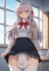 ai_generated alisa_mikhailovna_kujou annoyed_expression blue_eyes blush bulge bulge_in_panties bulge_through_clothing eyes_half_open futa_focus futa_only futanari huge_balls huge_bulge huge_cock looking_at_viewer penis_bulge see-through_panties silver_hair skirt thick_thighs thighhighs white_panties