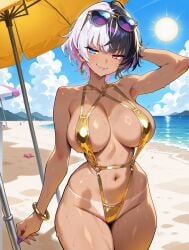 ai_generated beach big_breasts e-sekai eyewear_on_head female female_only golden_bikini huge_breasts idol-en idol_corp pubic_hair rin_penrose sling_bikini sunglasses swimsuit tan_body tanlines virtual_youtuber vtuber