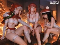 3girls ai_generated black_hair bondage breasts chainsaw_man christmas christmas_lights christmas_outfit fami_(chainsaw_man) female_only light-skinned_female makima_(chainsaw_man) panties patreon_username penguih red_hair santa_costume santa_hat sitting white_hair yellow_eyes yoru_(chainsaw_man)