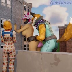 against_wall audience fennix_(fortnite) fortnite gentlecat giant giant_couple giantess knot looking_back macro tagme vi_(fortnite)