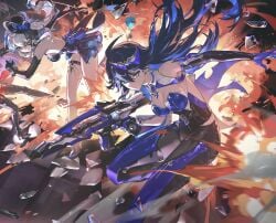 action_pose breasts cleavage cropped debris explosion fancy_clothing gun holding_weapon kanami_(strinova) lawine_(strinova) looking_at_viewer official_art purple_clothing purple_hair skin_tight strinova