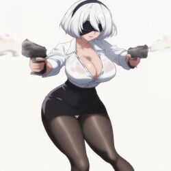 ai_generated blindfold cleavage gun guns legs nier:_automata nier_(series) pencil_skirt pistols shot skirt white_hair yorha_2b