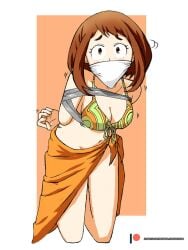 1girls 2d 2d_(artwork) arms_behind_back bikini bondage bound female female_focus female_only gag gagged gagged_female human human_only looking_at_viewer my_hero_academia ochako_uraraka sarong solo solo_female solo_focus submissive submissive_female uncomfortable uncomfortable_bondage