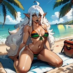 ai_generated beach bikini elf elf_ears fit fit_female medium_breasts oc ocean pan_african_colors pointy_ears sea tan_body voloeil white_hair