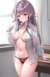 black_panties breasts brown_hair closed_mouth collarbone cowboy_shot female herta_(honkai:_star_rail) highres honkai:_star_rail honkai_(series) indoors long_hair medium_breasts navel open_clothes open_shirt panties purple_eyes shirt solo stomach takenoko_pengin the_herta_(honkai:_star_rail) thighs underwear white_shirt window