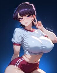 1girls ai_generated breasts buruma fr34ky gym_uniform huge_breasts komi-san_wa_komyushou_desu komi_shuuko mature_female milf short_hair solo v victory_pose