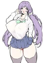 1girls breasts curvy erect_nipples female gero_1992 green_eyes huge_breasts lips long_hair looking_at_viewer love_live! love_live!_school_idol_project parted_lips pleated_skirt plump purple_hair pussy school_uniform skirt solo thick_thighs tied_hair toujou_nozomi twintails white_background