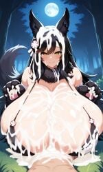 1boy 1girls ai_generated animal_ears atago_(azur_lane) atago_(full_moon's_feral_wolf)_(azur_lane) azur_lane bikini black_hair bra cat_ears cum cum_drip cum_everywhere cum_explosion cum_on_body cum_on_breasts cum_on_face cumshot elbow_gloves engulfing_paizuri excessive_cum fox_ears fox_tail ftggtgg full_moon fur_bikini furry_ears furry_tail night paizuri paizuri_lead_by_female paw_gloves paws swimsuit torn_clothes torn_clothing wolf_ears wolf_tail yellow_eyes