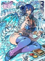 1girls alcohol big_ass big_breasts blue_eyes blue_hair dragon heart huge_breasts huge_thighs humanoid japanese_text jewelry kafun long_hair nails smile snow thighs